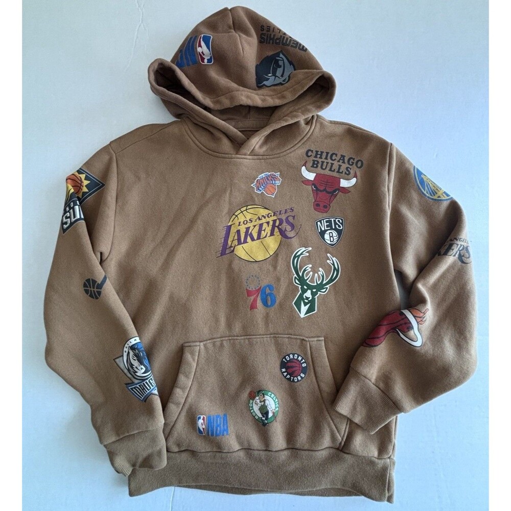 Hollister NBA Hooded Sweatshirt All Over Team Logos Men's Size XS Brown